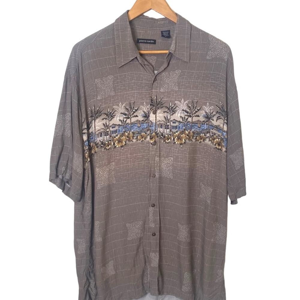 Vintage Pierre Cardin Rayon Tiki MCM Hawaiian Palm Tree Short Sleeve Shirt XL